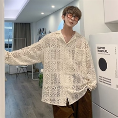 青春流行男百搭古巴领潮衬衫纯色新款长袖日系夏季宽松型提花，男装衬衫，星座716-3