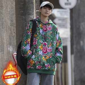 W203加绒冬男女休闲连帽东北大花卫衣外套团队服风汉服保暖图片