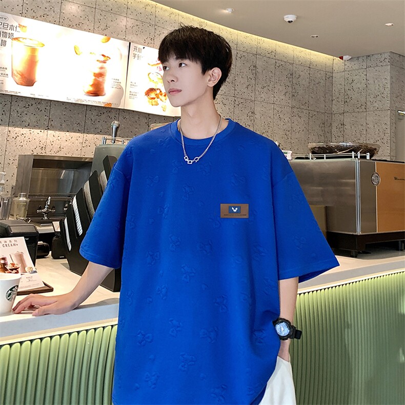 T903 P35 华夫格重磅350克小熊提花休闲高级感男士短袖T恤图片