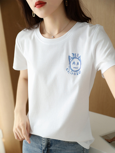 圆领白色t恤女桑蚕丝光棉短袖修身印花2024夏新款纯棉设计感上衣图片