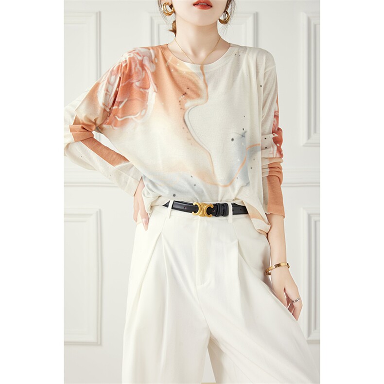 休闲/淑女2024年秋冬季常规套头水墨画精细仿羊毛圆领打底衫，女装针织衫/毛衣，丽特绒