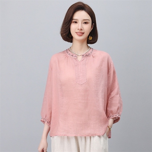 高端苎麻上衣女夏季薄款2025年新款中年妈妈休闲洋气减龄漂亮小衫