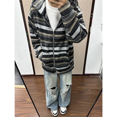 美式毛呢条纹开衫连帽卫衣外套男女慵懒风情侣休闲帽衫MYW38P52，女装短外套，星座1013-5