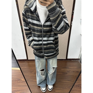 美式毛呢条纹开衫连帽卫衣外套男女慵懒风情侣休闲帽衫MYW38 P52图片