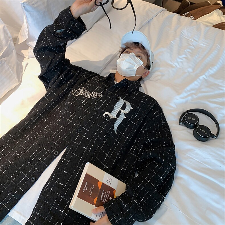 高街刺绣立体格子长袖衬衫ins潮男女街头痞帅外套Z662P48,男装夹克,星座1116-2