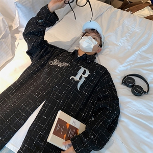 高街刺绣立体格子长袖衬衫ins潮男女街头痞帅外套Z662P48图片