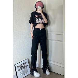 美式高街ins小众拉链hiphop排扣破洞休闲牛仔裤货号K642P6078图片