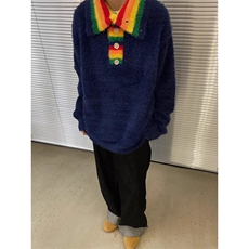 美式复古彩虹毛织拼接针织衫2025秋季慵懒风宽松休闲百搭毛衣，男装针织衫/毛衣，星座601-1