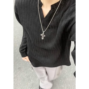 美式高街千鸟格子长袖T恤男女亨利V领英伦雅痞休闲宽松长袖打底衫图片