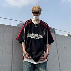 夏季新款美式高街复古三杆潮牌短袖T恤男女宽松字母印花，男装T恤，星座716-2