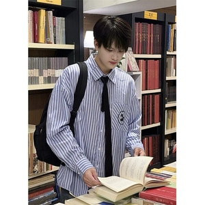 竖条纹领带印花衬衫潮流宽松学院风翻领长袖衬衣外套 C2265图片