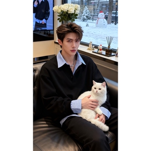 抖音得物高品质26春装美式高街假两件衬衫领长袖卫衣POLO领打底衫