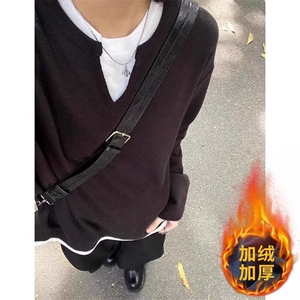 黑色轻熟风V领卫衣男潮春秋季痞帅小领口美式复古T恤加绒打底衫图片