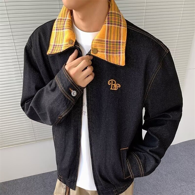 得物品质秋款男牛仔夹克衫刺绣格子领拼接宽松外套JK1041P85,男装工装外套,星座1013-1