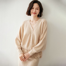 时尚流苏开衫女士35%羊绒衫显瘦百搭V领宽松毛衣外套，女装羊绒衫，迎冬羊绒