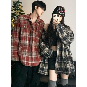 潮牌秋冬拼皮条纹格子长袖衬衫休闲宽松外套男女 CW88图片