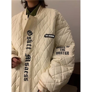 翻领菱形格刺绣PU皮棒球服PU皮棉服拉链仿皮青少年潮纯色Y6581图片