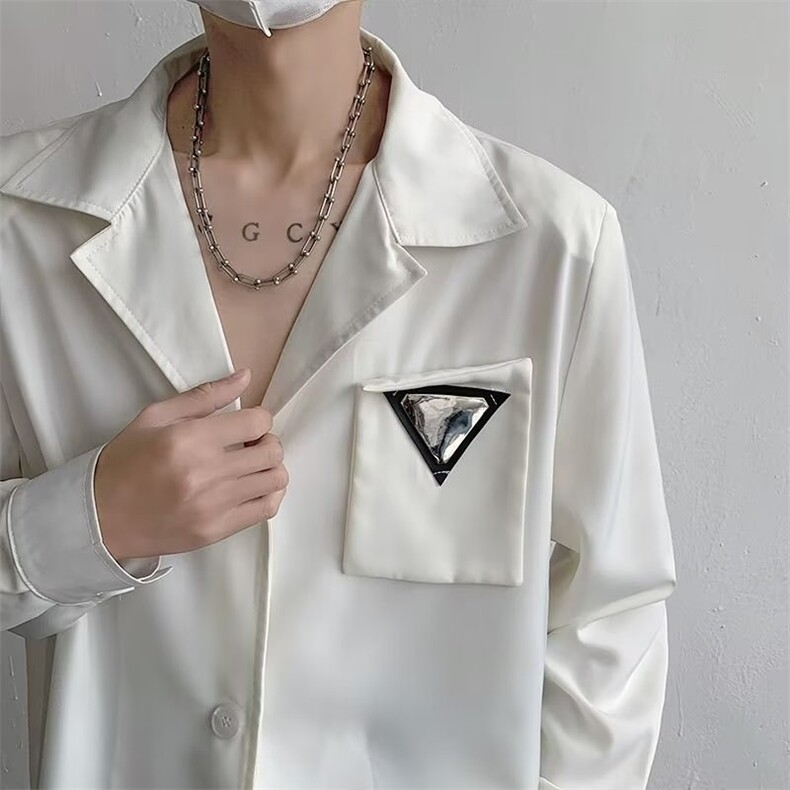 806-P38小众设计感垫肩衬衫男痞帅韩版潮牌古巴领休闲薄白色衬衣，男装衬衫，电商B323A