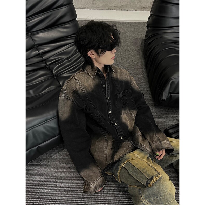 得物二开美式复古刮烂破洞牛仔外套水洗夹克渐变色男JK1281-P50,男装工装外套,星座1103-3