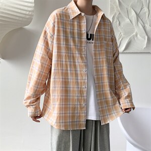格子衬衫男长袖秋季新薄款ins潮牌港风日系宽松衬衣外套CS702P45，男装衬衫，电商B413-1
