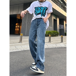 美式高街vibe风直筒长裤欧美痞帅男hiphop复古水洗牛仔裤图片