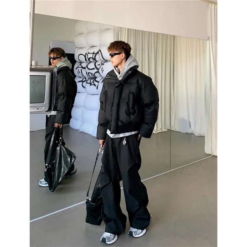 现货5W件冬季三防重磅硬挺boxy短款羽绒立领PU皮棉衣外套加厚棉服,男装棉衣,电商A486
