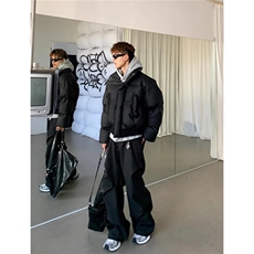 现货5W件冬季三防重磅硬挺boxy短款羽绒立领PU皮棉衣外套加厚棉服，男装棉衣，电商A486