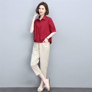 时尚翻领棉麻休闲套装女夏季新款宽松显瘦两件套气质百搭小香风图片