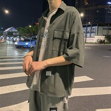 204-CS05-P45有视频日系oversize宽松纯色衬衫潮男韩版五分袖，男装衬衫，星座204