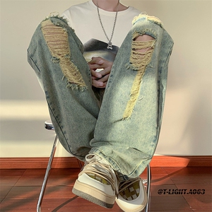 2026夏季美式高街破洞直筒牛仔裤货号K688P55图片