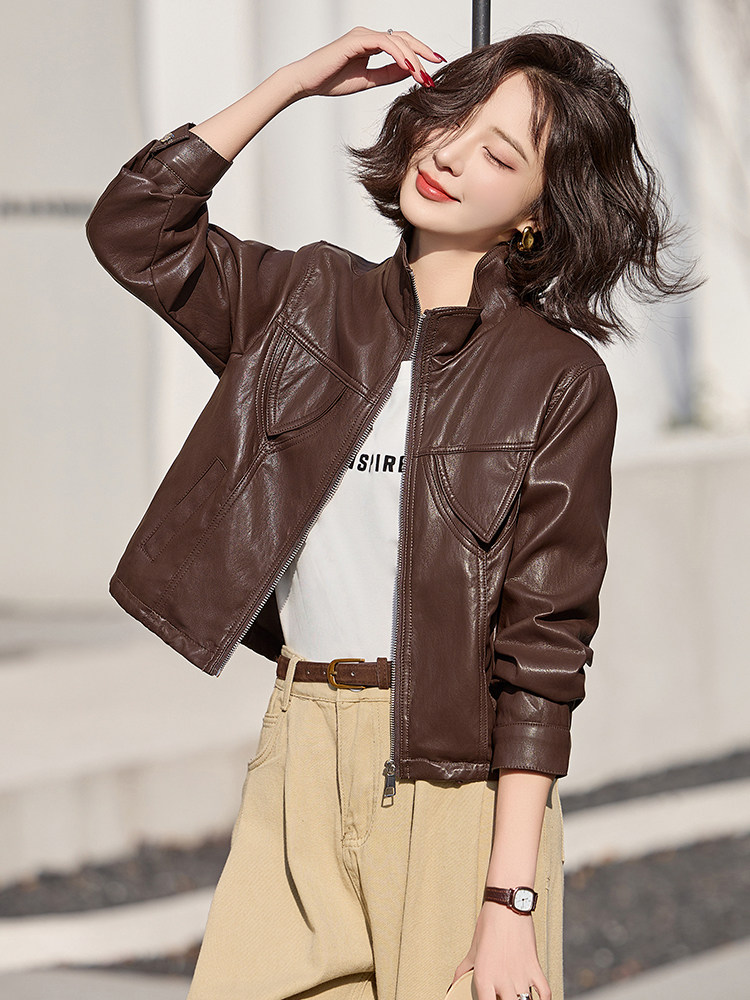 皮衣外套女短款2025新款春季时尚立领小个子休闲机车服皮夹克上衣,女装皮衣,臻衣坊