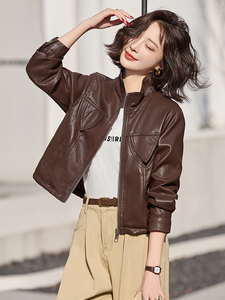 皮衣外套女短款2025新款春季时尚立领小个子休闲机车服皮夹克上衣图片
