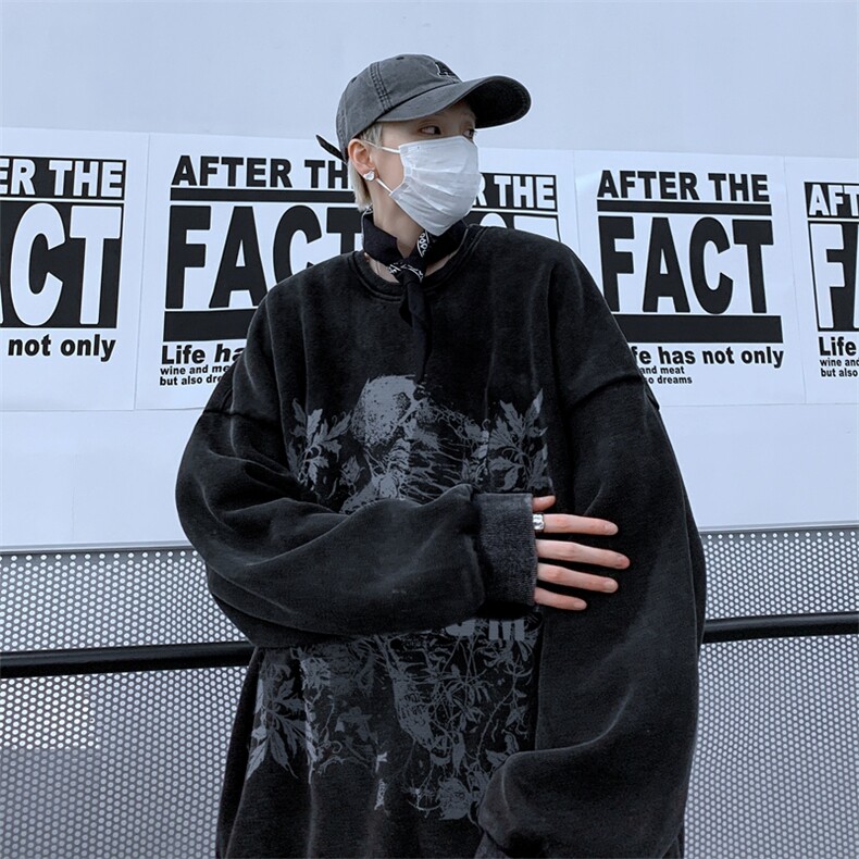 XZ517A-BK5501P60欧美重磅水洗复古圆领卫衣潮流大码男装,男装卫衣,星座517A