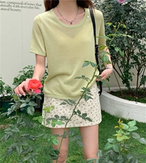 简约百搭短袖针织衫女宽松休闲上衣，女装针织衫/毛衣，伟祺羊绒