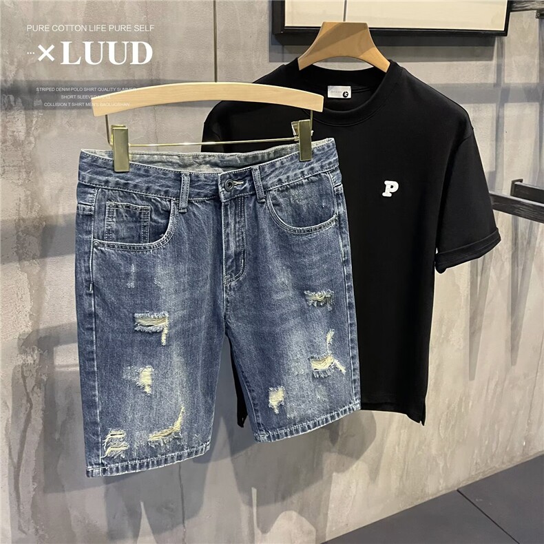高级感潮牌破洞牛仔短裤男宽松直筒五分裤夏季重磅潮流时尚男中裤，男装牛仔裤，星座1210-1