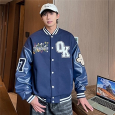JK5872-P85美式拼接刺绣皮质撞色棒球服飞行员夹克外套控149，男装夹克，星座109