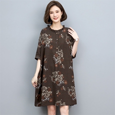 中年妈妈棉麻连衣裙女2025夏季新款宽松大码显瘦洋气印花亚麻裙子，女装连衣裙，悦见她