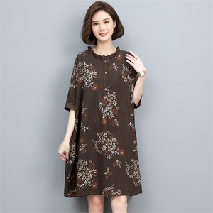 中年妈妈棉麻连衣裙女2025夏季新款宽松大码显瘦洋气印花亚麻裙子图片