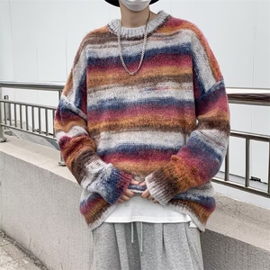 抠抠纱针织衫男韩版潮流条纹拼色2023秋冬季新款ins外套MZ056-P62,戴帽子的打底衫怎么搭配好看图片