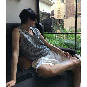 【有货】DA693-特批30镂空设计背心夏款慵懒风针织条纹无袖T恤,长款白色衬衫搭配小脚牛仔裤图片