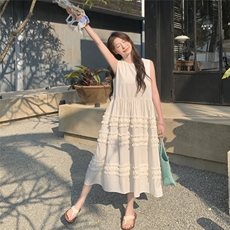 法式复古木耳边无袖背心连衣裙女夏2025新款减龄超火海边度假长裙，女装连衣裙，2C050