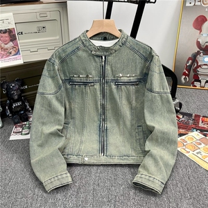 做旧水洗垫肩短款拼接牛仔外套男士复古金属拉链设计夹克A051/P75