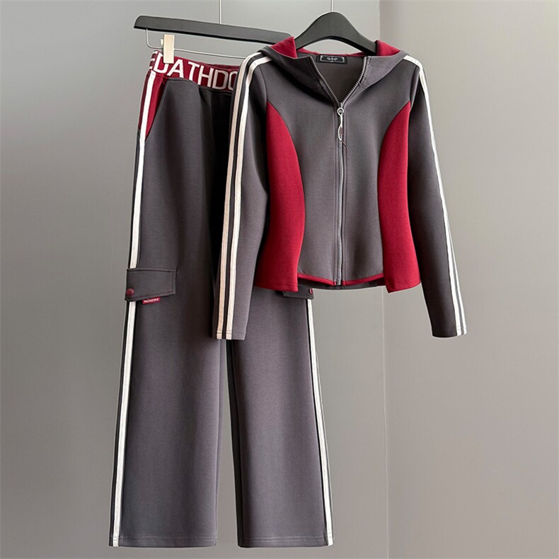 时尚休闲运动套装女秋冬款修撞色拼接连帽开衫卫衣阔腿长裤两件套，女装套装/套裙，江南