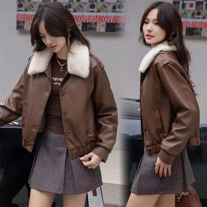 现货海宁f仿真皮皮衣女加绒加厚短款2024冬季新款女士宽松皮外套，女装皮衣，江南女神