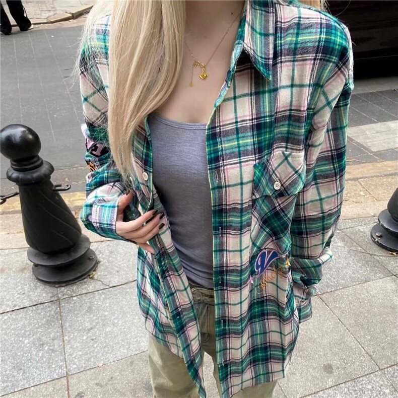DC28-P45秋冬潮格子长袖衬衫男女美式字母宽松外套-网图现货图片