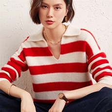 秋冬新款时尚百搭加厚V领条纹羊绒衫舒适保暖显瘦长袖毛衣女，女装羊绒衫，雅之冉羊绒