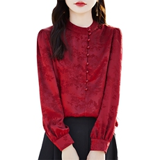 中国风复古圆领衬衫女士长袖春秋季新款套头打底衬衣印花上衣小衫，女装衬衫，臻维羊绒