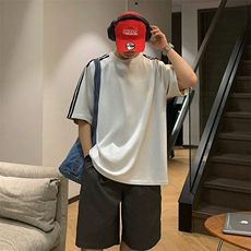 抖音得物品质二开240克宽松纯棉美式潮牌印花三条杠中性风短袖T恤，男装T恤，电商A486