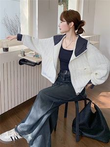 米白色韩系格子拼接棉服外套女冬季2025新款气质减龄棉衣爆款棉袄图片