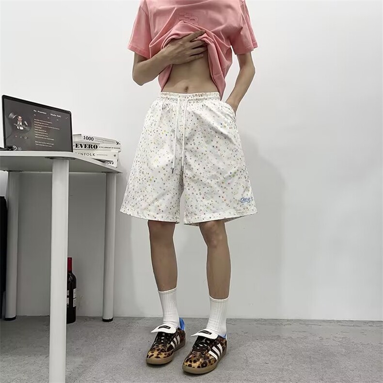 星星满印阔腿运动裤男夏季宽松褶皱伞兵裤甜美慵懒垂感直筒休闲裤,女装休闲裤,星座601-1